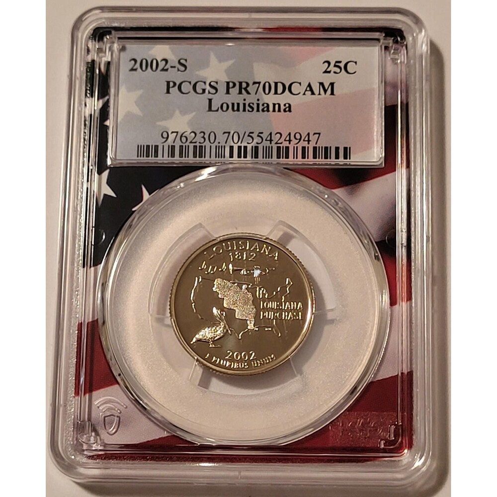 2002 S Clad Louisiana State Quarter Proof PR70 DCAM PCGS Flag Frame Holder